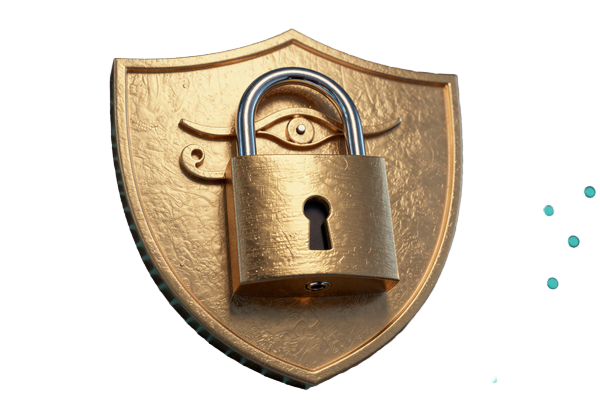 Goldenes Sicherheits-Emblem mit Oke des Horus und Vorh&auml;ngeschloss auf t&uuml;rkisfarbenem digitalem Schaltkreis-Muster bei Cleobetra Casino
