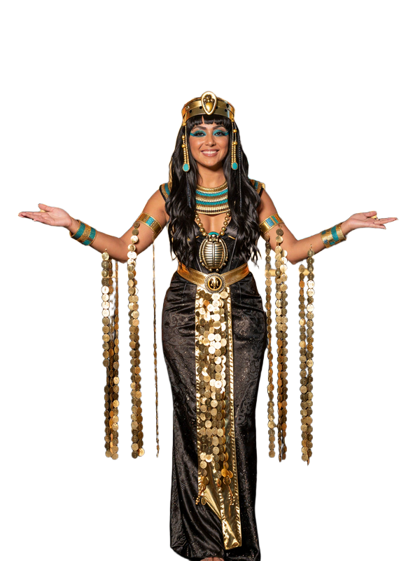 Cleopatra Maskottchen von Cleobetra Casino mit goldenen M&uuml;nzen und Skarab&auml;us-Kette im Oasen-Nachtclub mit Neon-Hieroglyphen