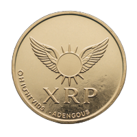 Goldene Ripple-XRP-M&uuml;nze mit gefl&uuml;geltem Sonnenscheiben-Emblem bei Cleobetra Casino