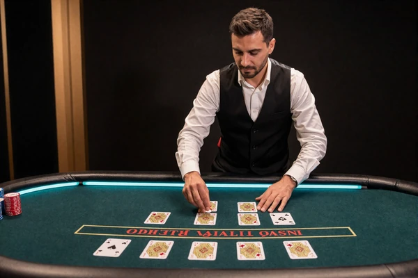 Live Casino Blackjack-Tisch mit Dealer in schwarz-goldener Weste und t&uuml;rkisfarbenem Neon-Streifen bei Cleobetra Casino