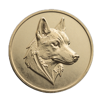 Goldene Dogecoin-M&uuml;nze mit Schakalkopf-Emblem bei Cleobetra Casino