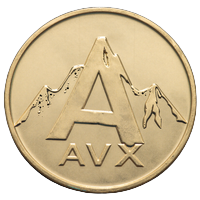 Goldene Avalanche-AVAX-M&uuml;nze mit Bergspitzen-Emblem bei Cleobetra Casino