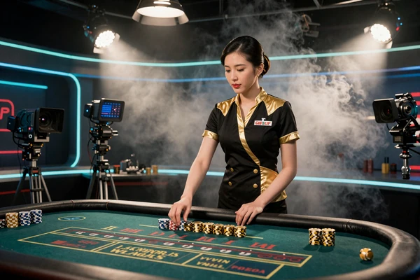 Live Casino Dealerin in Schwarz-Gold-Uniform am Roulette-Tisch in dunklem Studio mit t&uuml;rkisfarbenen Neon-Akzenten bei Cleobetra Casino