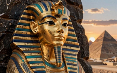 Goldene Pharaonenmaske vor Pyramiden bei Sonnenuntergang als Thumbnail des Slots Cash of Egypt bei Cleobetra Casino