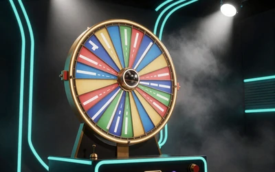 Neon Crazy Time Gl&uuml;cksrad in dunklem Studio mit t&uuml;rkis-goldenem Licht bei Cleobetra Casino