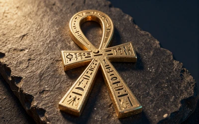 Goldener Ankh-Kreuz auf dunklem Stein als Symbol f&uuml;r die dritte Bonusstufe bei Cleobetra Casino