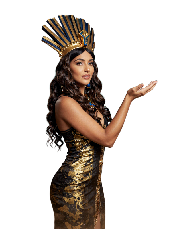 Cleopatra Maskottchen von Cleobetra Casino in k&ouml;niglicher Zuh&ouml;rer-Pose mit erhobener Hand und goldener Ur&auml;us-Krone vor dunkler Oasen-Kulisse