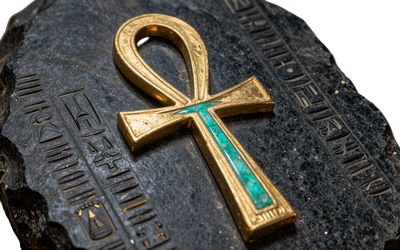 Goldener Ankh-Kreuz auf dunklem Stein als Symbol f&uuml;r die dritte Bonusstufe bei Cleobetra Casino