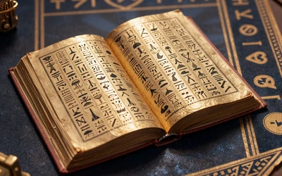Ge&ouml;ffnetes goldenes Buch mit leuchtenden Hieroglyphen als Thumbnail des Slots Book of Dead bei Cleobetra Casino
